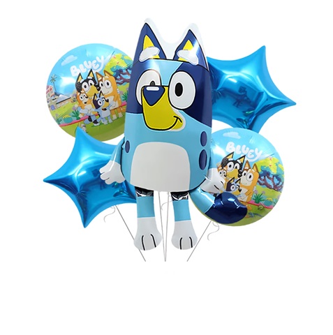Set 5 Baloane Folie Familia Bluey Set 5 baloane din folie metalizata cu tematica desenului animat Bluey. Include balon personaj gigant