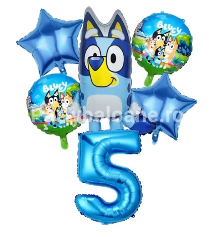 Set 6 Baloane Folie Familia Bluey cu Cifra 5 Albastra 100 cm Set 6 baloane din folie metalizata pentru aniversarea de 5 ani cu personajul Bluey