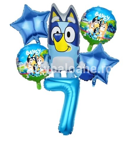 Set 6 Baloane Folie Familia Bluey cu Cifra 7 Albastra 100 cm Set 6 baloane din folie metalizata pentru aniversarea de 7 ani cu personajul Bluey