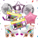 Set 8 Baloane Folie Tematica Retro Disco Set premium de 8 baloane din folie cu tematica retro disco anii 80 si 90, continand radiocasetofoane, patine cu rotile curcubeu, stele si globuri disco Orbz argintii.