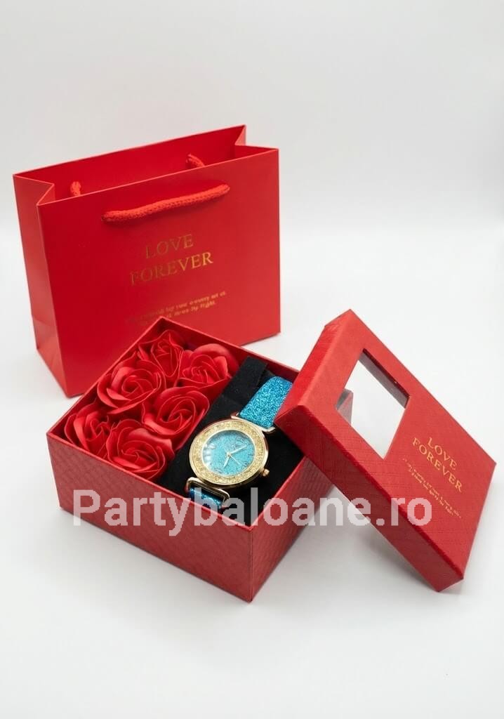Set Cadou Premium Ceas Elegant Bleu de Damă și Trandafiri de Săpun Parfumați (Include Pungă Cadou)
