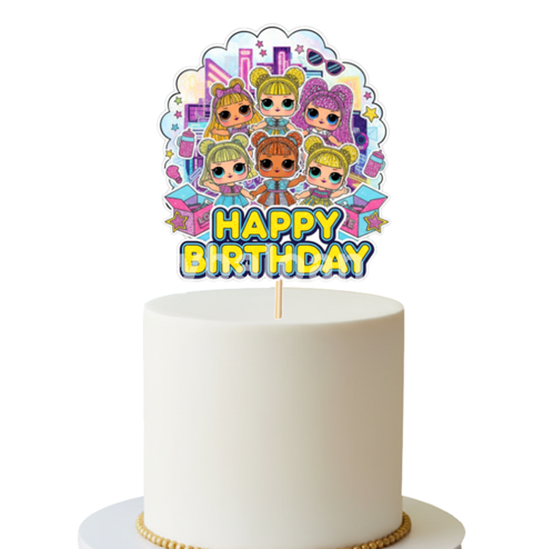 Topper Tort Happy Birthday Papusile LOL (Surprise) 14 x 12.7 cm Un topper decorativ din carton pentru tortul fetitelor