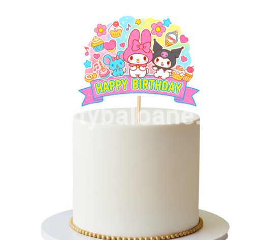 Topper Tort Happy Birthday Sanrio Kuromi si My Melody 14 x 10.6 cm Un topper decorativ din carton pentru tortul fetelor