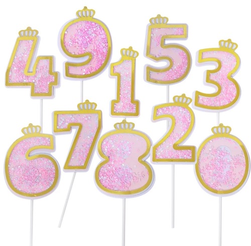 Topper Tort Cifra 0-9 Roz cu Coronita si Sclipici (Pink Gold) Un set de toppere decorative din plastic pentru tort