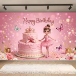 Background Balerina Textil Premium pentru Poze 160x100 cm (COD 681B) Background decorativ pentru fundal foto din material textil premium, tematica balerina, ilustrand o fetita balerina, tort roz etajat, coronita, fluturi si mesajul Happy Birthday pe fundal luminos, 160x100 cm.